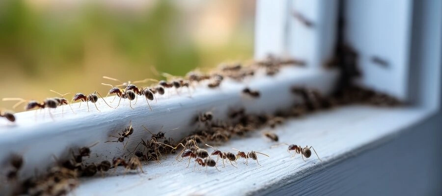 Ants entering a home along a window frame