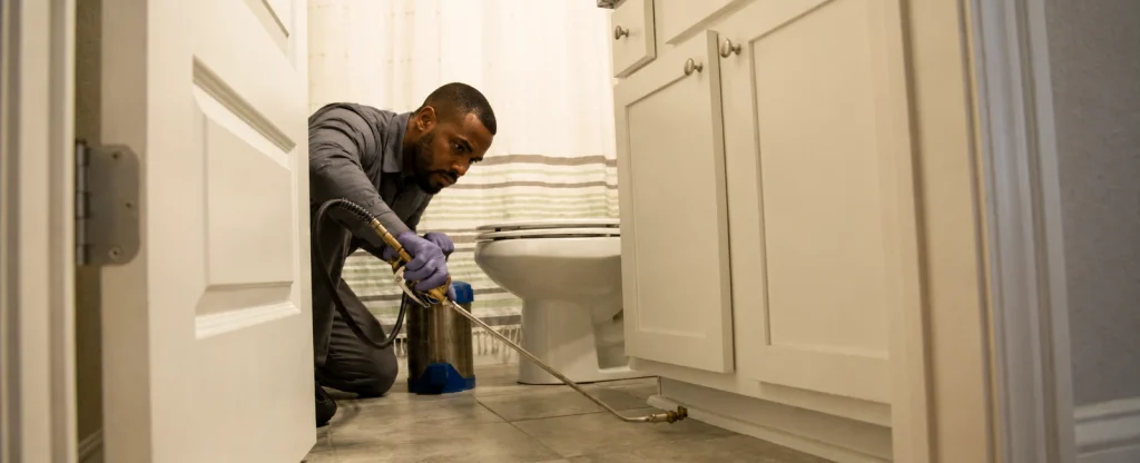Technician treating along a bathroom baseboard