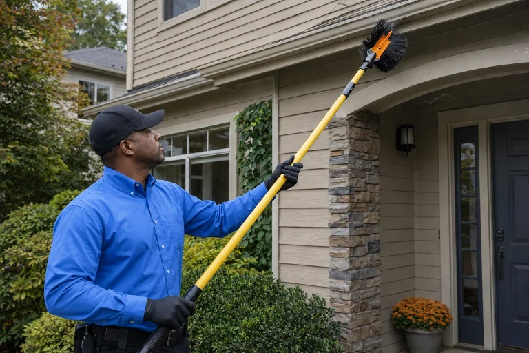 Technician removing spider webs from a home exterior