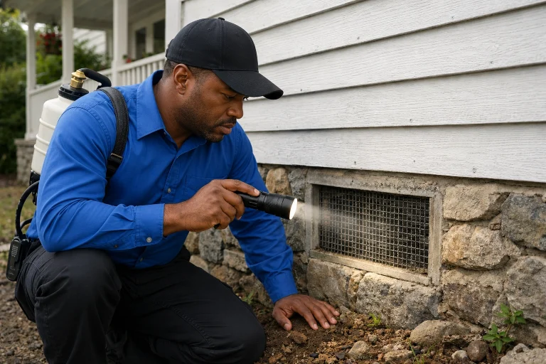 Technician inspecting a home foundation for pest entry points
