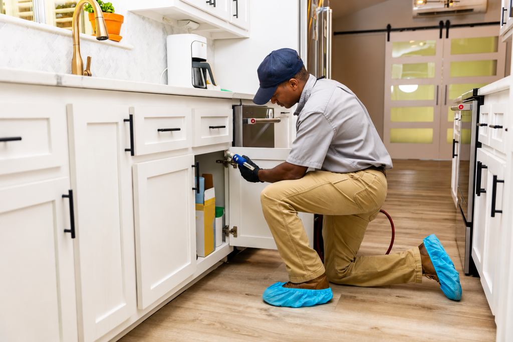 Technician applying cockroach gel bait indoors