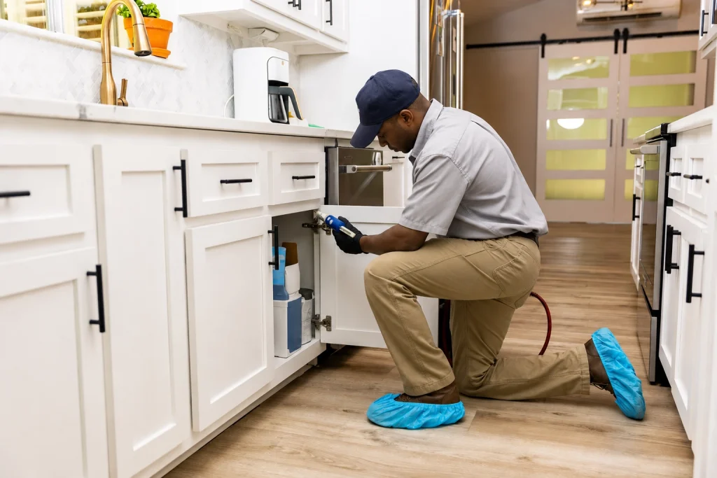 Technician applying cockroach gel bait inside a cabinet