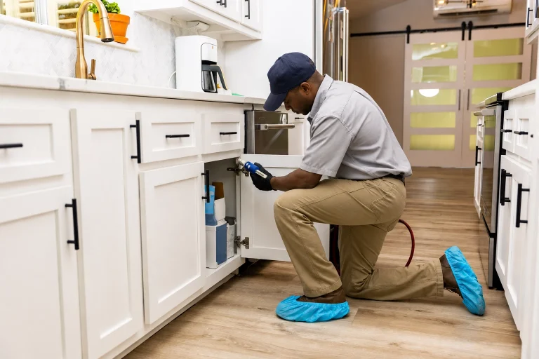 Technician applying cockroach gel bait inside a cabinet