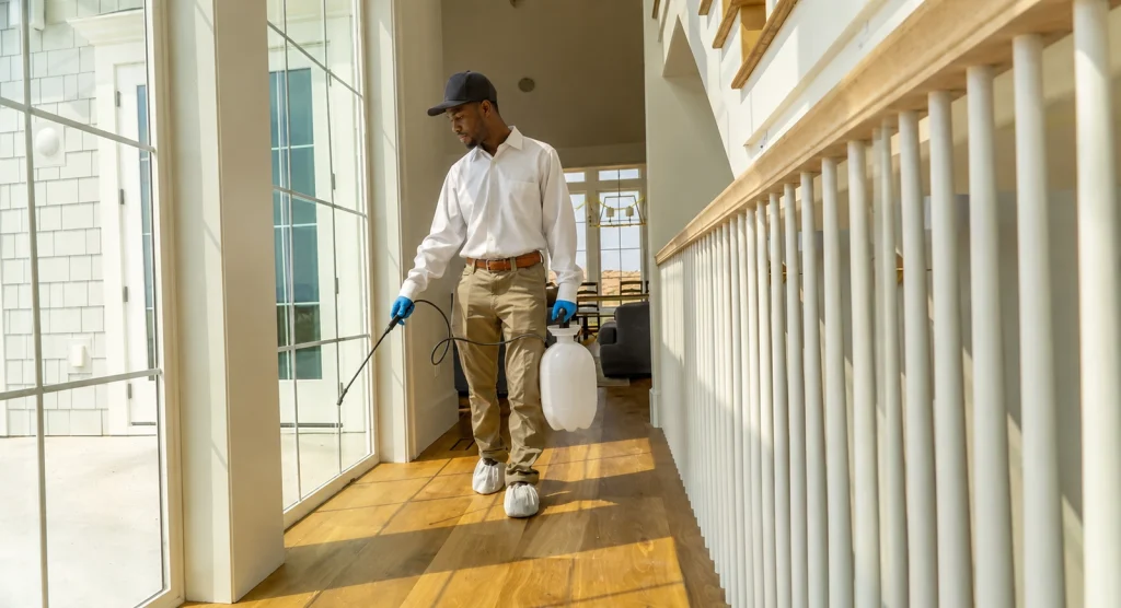 Technician applying an indoor perimeter treatment