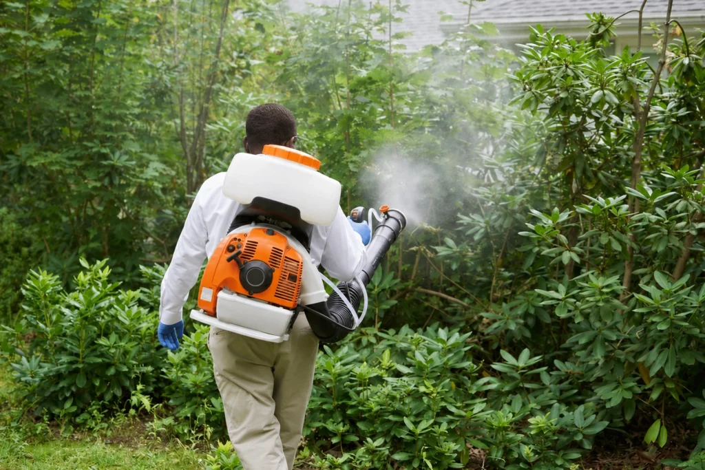 Technician applying a mosquito barrier treatment to landscaping