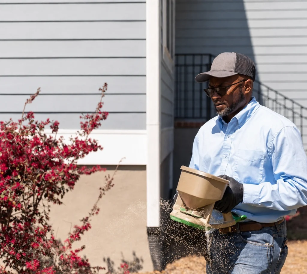 Technician applying an outdoor pest treatment around a home