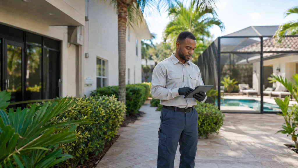 Technician inspecting a South Florida home with a screened pool