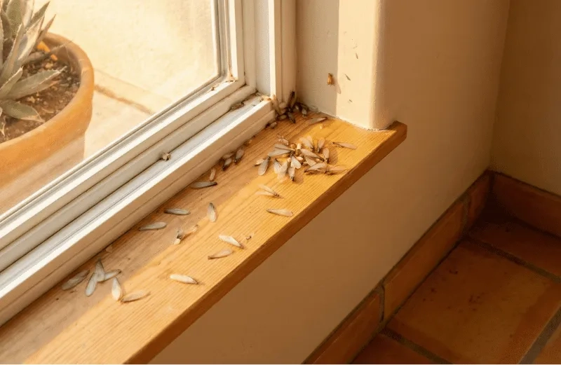 Termite frass and damage near a window frame